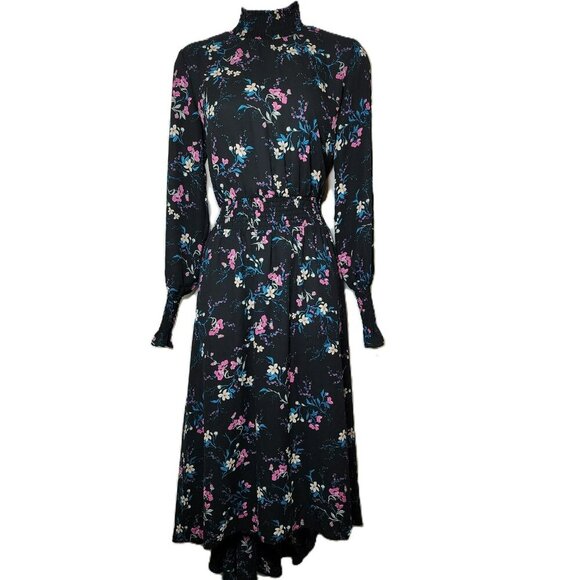 Nanette Lepore Floral Midi Dress | Size 4 | Black Hi-Low Hem | Smocked Waist/Cuf - Picture 10 of 10